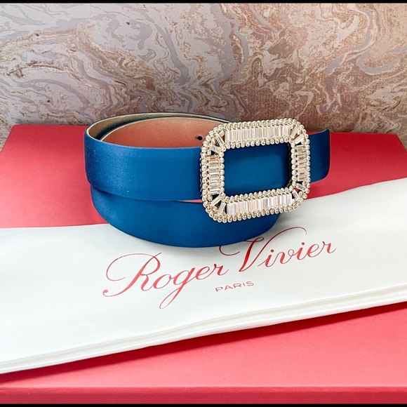 Roger Vivier Pilgrim Crystal Buckle Blue SatinBelt main image 6